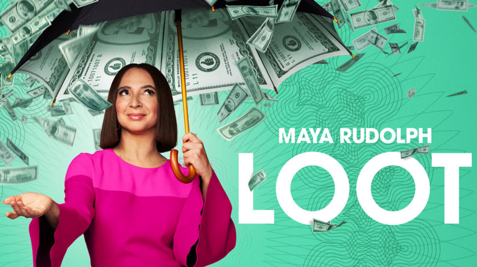 Loot, Kasa, serial Apple TV, Maya Rudolph z parasolem, z nieba padają banknoty dolarowe